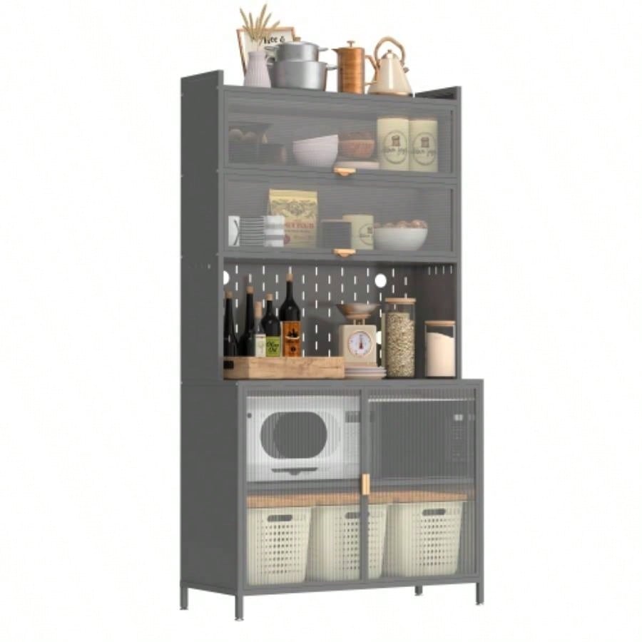 73 Tall Kitchen Pantry Cabinet, 6 Level Flip Door with Pegboard Spacious, Adjustable Stylish Metal Pantry Storage Cabinet, Anti - Tip Design Hutch Kitchen, Dining Room, Living Room