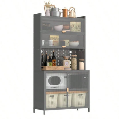 73 Tall Kitchen Pantry Cabinet, 6 Level Flip Door with Pegboard Spacious, Adjustable Stylish Metal Pantry Storage Cabinet, Anti - Tip Design Hutch Kitchen, Dining Room, Living Room