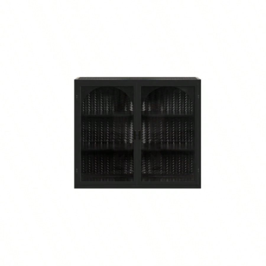 27.56Glass Doors Modern Two - door Wall Cabinet with Featuring Three - tier Storage Entryway Living Room Bathroom Dining Room, Wall Cabinet with Characteristic Woven Pattern, Black