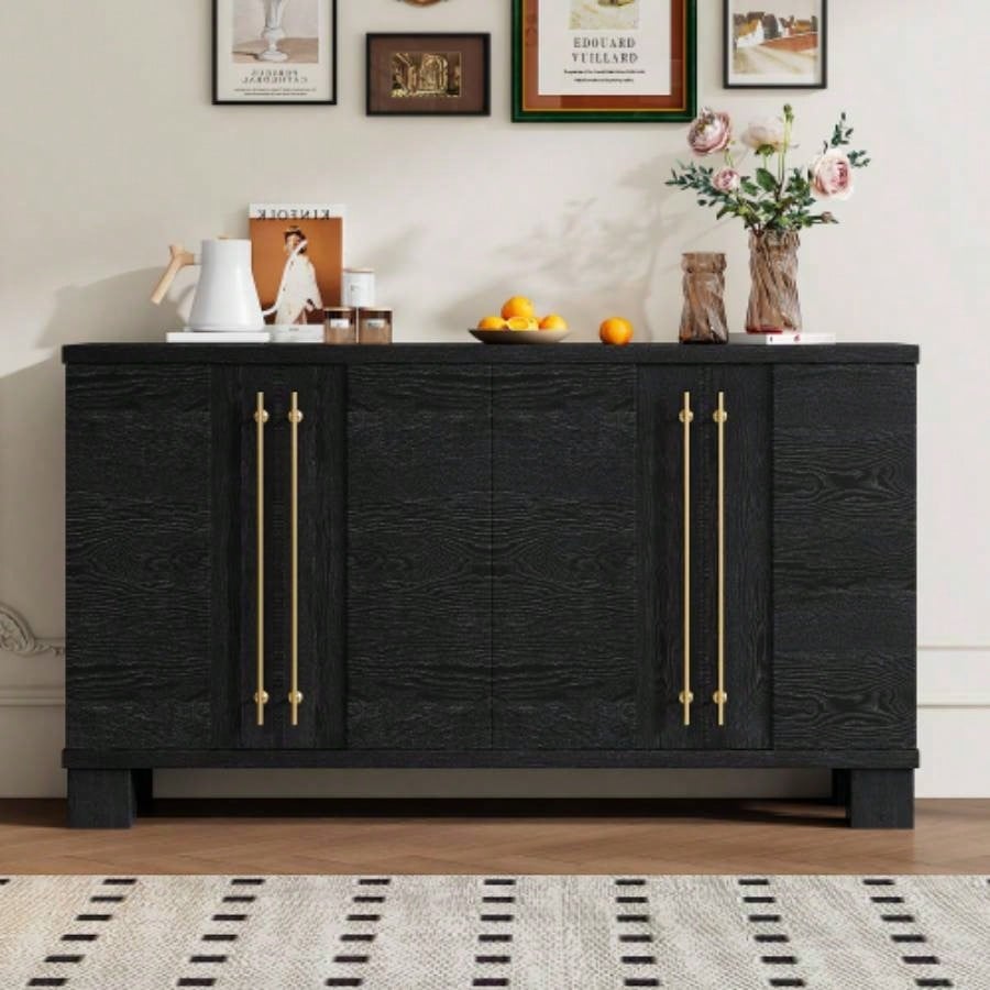 TREXM Sideboard Buffet Cabinet with Storage, Wood Sideboard with Adjustable Shelves and Gold Handles Kitchen, Dining Room and Living Room Black