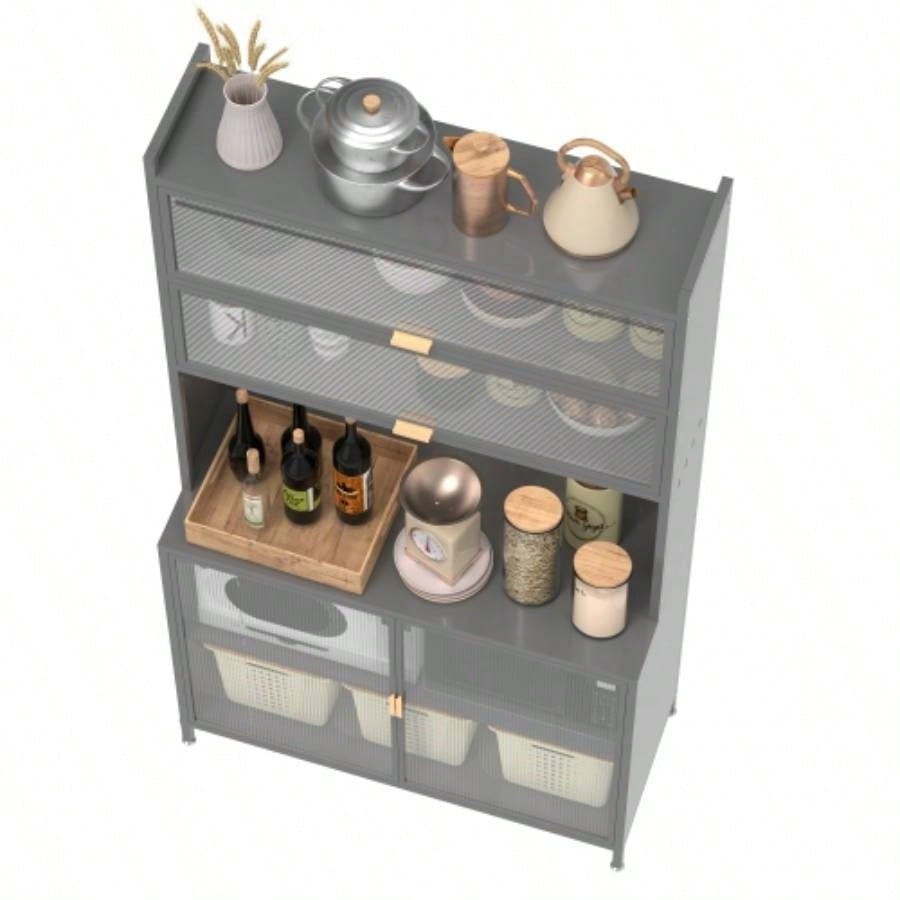 73 Tall Kitchen Pantry Cabinet, 6 Level Flip Door with Pegboard Spacious, Adjustable Stylish Metal Pantry Storage Cabinet, Anti - Tip Design Hutch Kitchen, Dining Room, Living Room