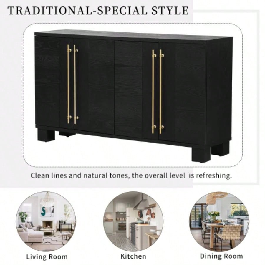 TREXM Sideboard Buffet Cabinet with Storage, Wood Sideboard with Adjustable Shelves and Gold Handles Kitchen, Dining Room and Living Room Black