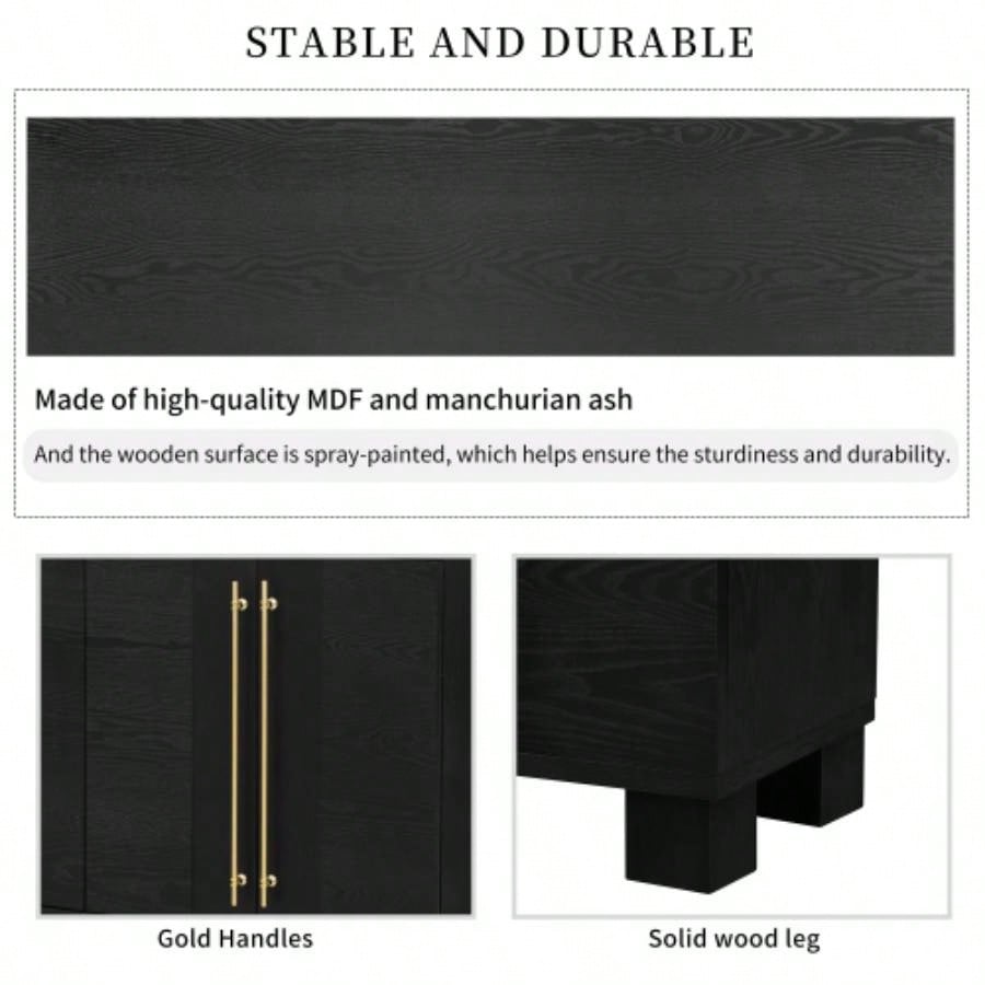 TREXM Sideboard Buffet Cabinet with Storage, Wood Sideboard with Adjustable Shelves and Gold Handles Kitchen, Dining Room and Living Room Black