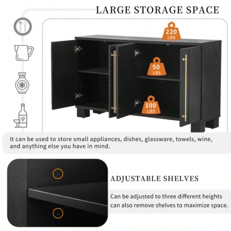 TREXM Sideboard Buffet Cabinet with Storage, Wood Sideboard with Adjustable Shelves and Gold Handles Kitchen, Dining Room and Living Room Black