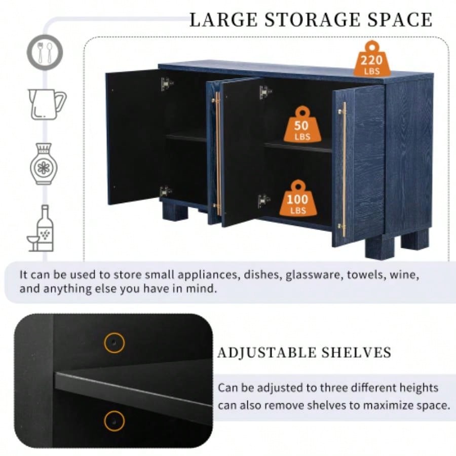 TREXM Sideboard Buffet Cabinet with Storage, Wood Sideboard with Adjustable Shelves and Gold Handles Kitchen, Dining Room and Living Room Antique Navy