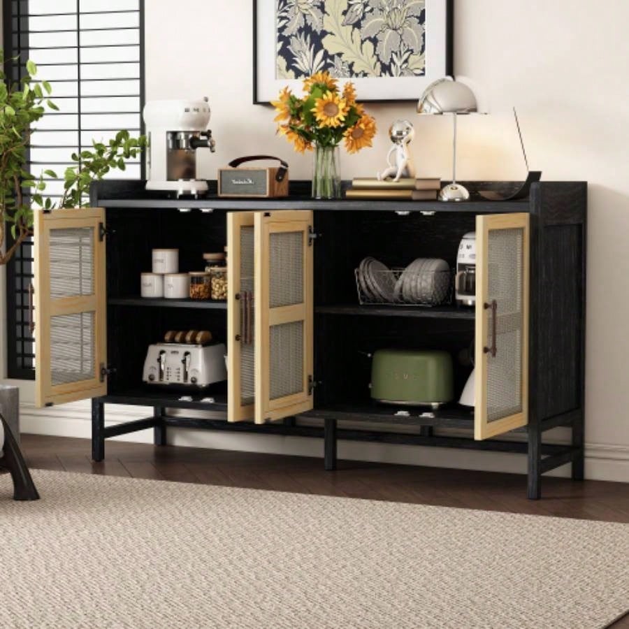TREXM Sideboard Rustic Buffet Cabinet, sideboard cabinet with Decorative Rattan Doors, Buffet Cabinet with Storage Entryway Dining Room Kitchen Living Room, Black+Natural