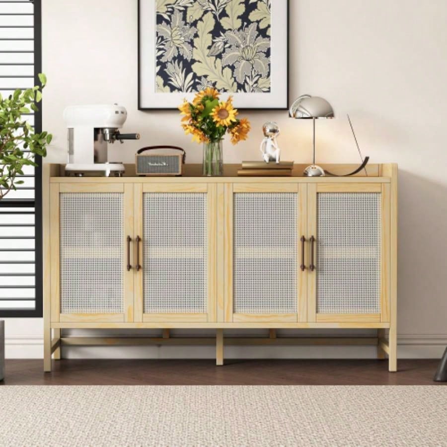 TREXM Sideboard Rustic Buffet Cabinet, sideboard cabinet with Decorative Rattan Doors, Buffet Cabinet with Storage Entryway Dining Room Kitchen Living Room, Natural