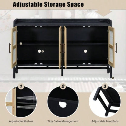 TREXM Sideboard Rustic Buffet Cabinet, sideboard cabinet with Decorative Rattan Doors, Buffet Cabinet with Storage Entryway Dining Room Kitchen Living Room, Black+Natural