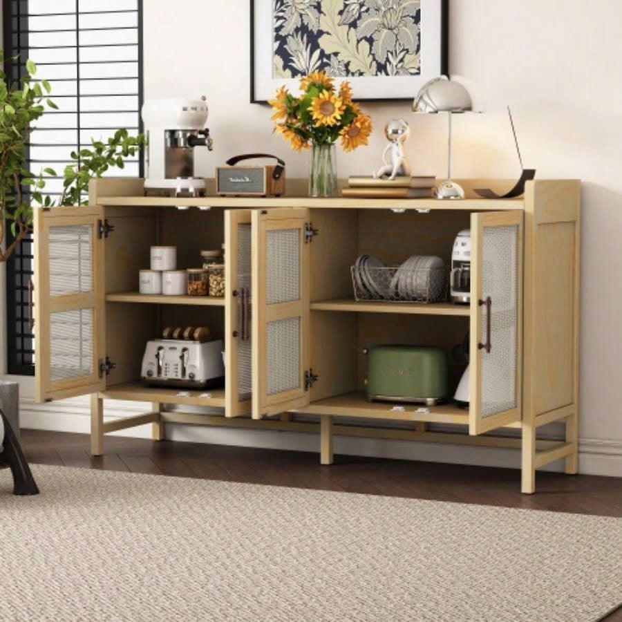 TREXM Sideboard Rustic Buffet Cabinet, sideboard cabinet with Decorative Rattan Doors, Buffet Cabinet with Storage Entryway Dining Room Kitchen Living Room, Natural