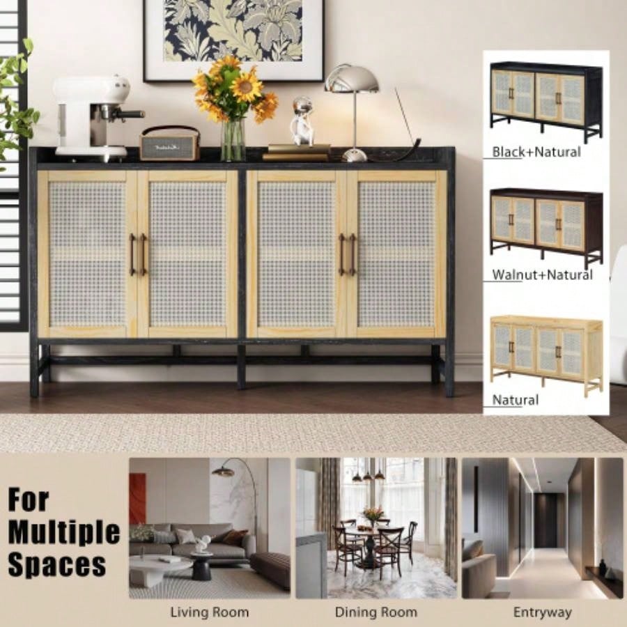 TREXM Sideboard Rustic Buffet Cabinet, sideboard cabinet with Decorative Rattan Doors, Buffet Cabinet with Storage Entryway Dining Room Kitchen Living Room, Black+Natural