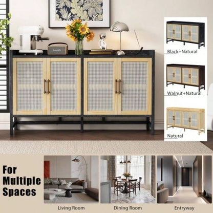 TREXM Sideboard Rustic Buffet Cabinet, sideboard cabinet with Decorative Rattan Doors, Buffet Cabinet with Storage Entryway Dining Room Kitchen Living Room, Black+Natural