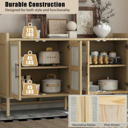 TREXM Sideboard Rustic Buffet Cabinet, sideboard cabinet with Decorative Rattan Doors, Buffet Cabinet with Storage Entryway Dining Room Kitchen Living Room, Natural