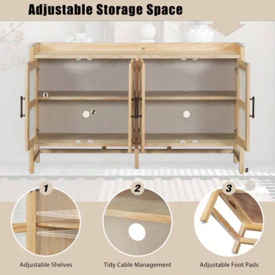 TREXM Sideboard Rustic Buffet Cabinet, sideboard cabinet with Decorative Rattan Doors, Buffet Cabinet with Storage Entryway Dining Room Kitchen Living Room, Natural