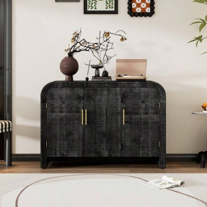 TREXM Retro Minimalist Curved Sideboard with Gold Handles and Adjustable Dividers Living Room or Dining Room Antique Black