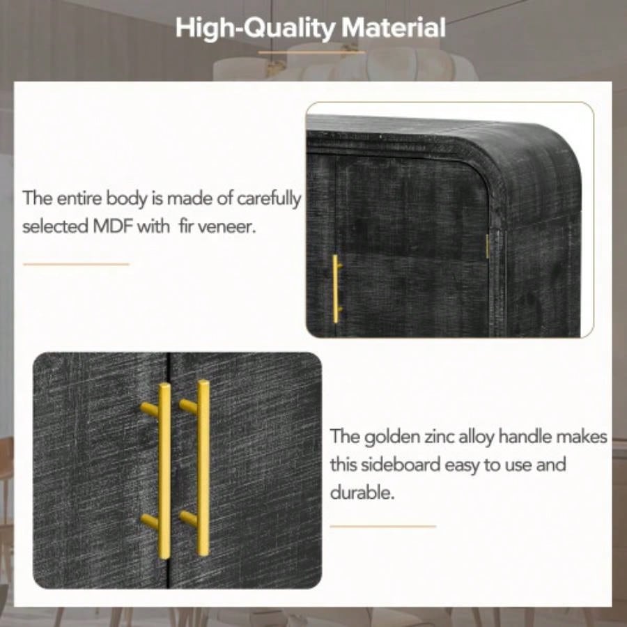 TREXM Retro Minimalist Curved Sideboard with Gold Handles and Adjustable Dividers Living Room or Dining Room Antique Black