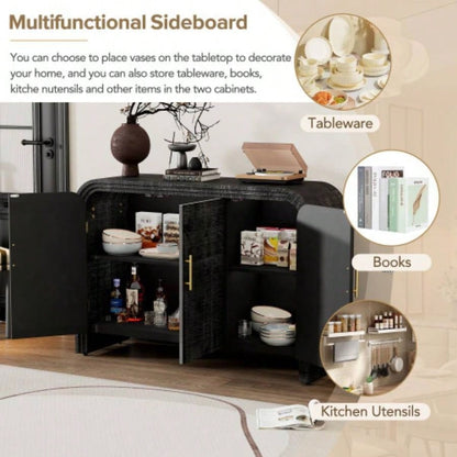 TREXM Retro Minimalist Curved Sideboard with Gold Handles and Adjustable Dividers Living Room or Dining Room Antique Black