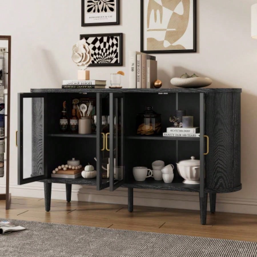 TREXM Farmhouse Sideboard Cabinet with Storage, Wood Buffet Cabinet with Glass Doors and Adjustable Shelves Kitchen, Dining Room and Living Room Black