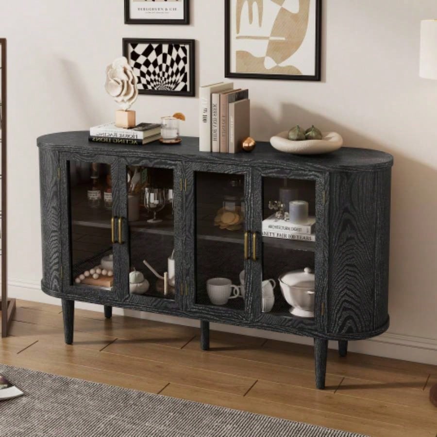 TREXM Farmhouse Sideboard Cabinet with Storage, Wood Buffet Cabinet with Glass Doors and Adjustable Shelves Kitchen, Dining Room and Living Room Black