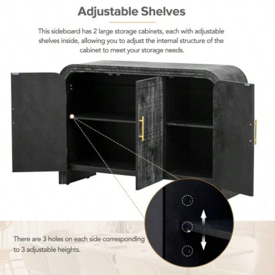 TREXM Retro Minimalist Curved Sideboard with Gold Handles and Adjustable Dividers Living Room or Dining Room Antique Black