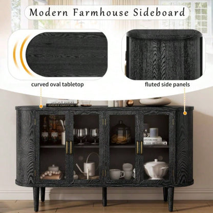 TREXM Farmhouse Sideboard Cabinet with Storage, Wood Buffet Cabinet with Glass Doors and Adjustable Shelves Kitchen, Dining Room and Living Room Black