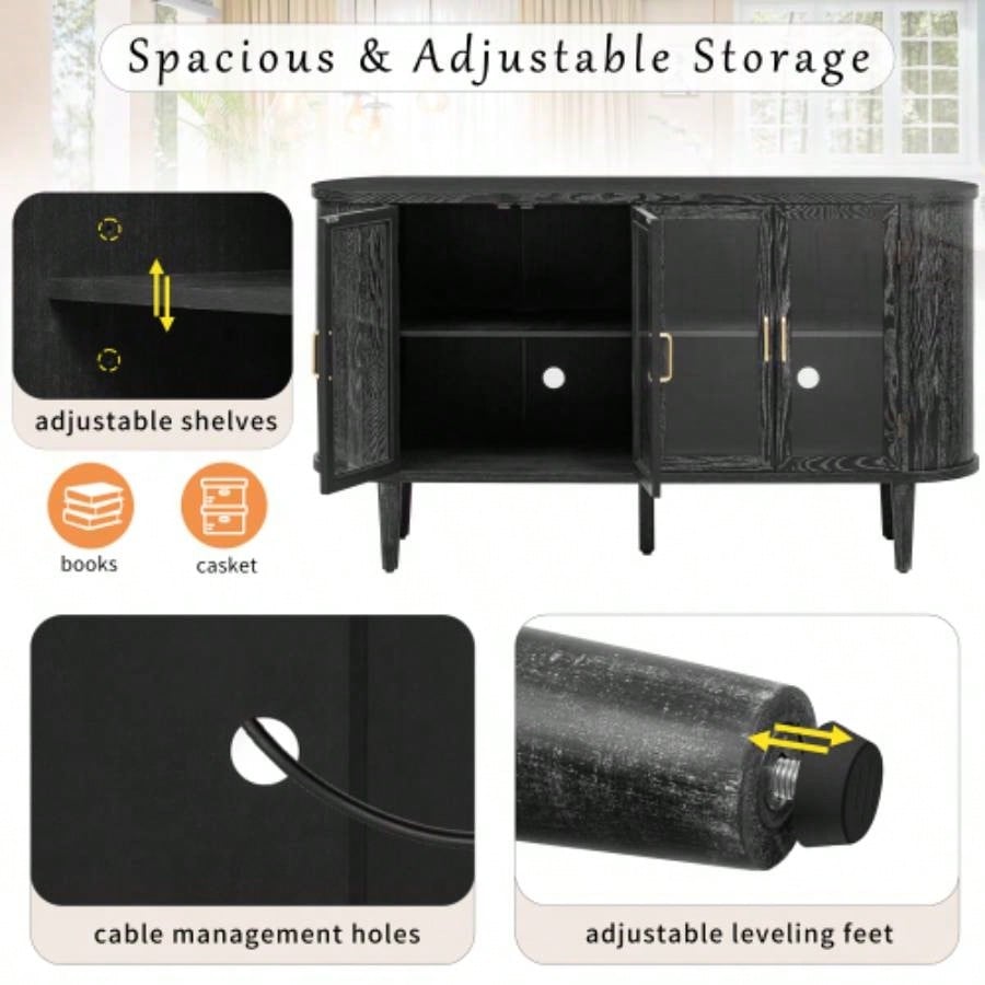 TREXM Farmhouse Sideboard Cabinet with Storage, Wood Buffet Cabinet with Glass Doors and Adjustable Shelves Kitchen, Dining Room and Living Room Black