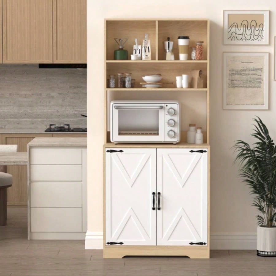 Pantry Cabinet with 2 Doors, 3 - Tier Modern Kitchen Cabinet with Shelves, Freestanding Larder Cupboard, Kitchen Pantry Storage Cabinet Kitchen, Dining Room