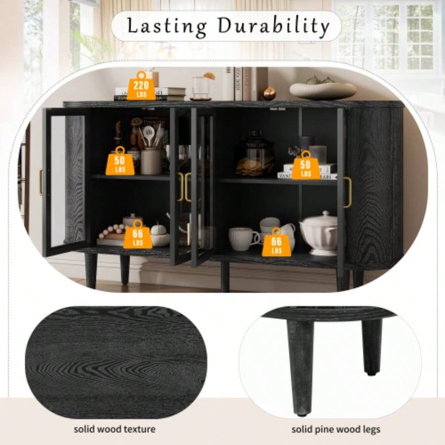 TREXM Farmhouse Sideboard Cabinet with Storage, Wood Buffet Cabinet with Glass Doors and Adjustable Shelves Kitchen, Dining Room and Living Room Black