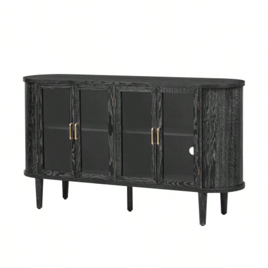 TREXM Farmhouse Sideboard Cabinet with Storage, Wood Buffet Cabinet with Glass Doors and Adjustable Shelves Kitchen, Dining Room and Living Room Black