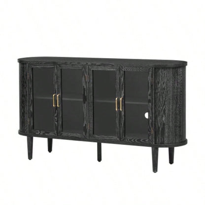 TREXM Farmhouse Sideboard Cabinet with Storage, Wood Buffet Cabinet with Glass Doors and Adjustable Shelves Kitchen, Dining Room and Living Room Black