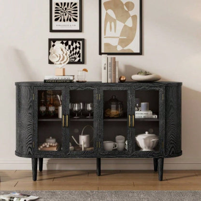 TREXM Farmhouse Sideboard Cabinet with Storage, Wood Buffet Cabinet with Glass Doors and Adjustable Shelves Kitchen, Dining Room and Living Room Black