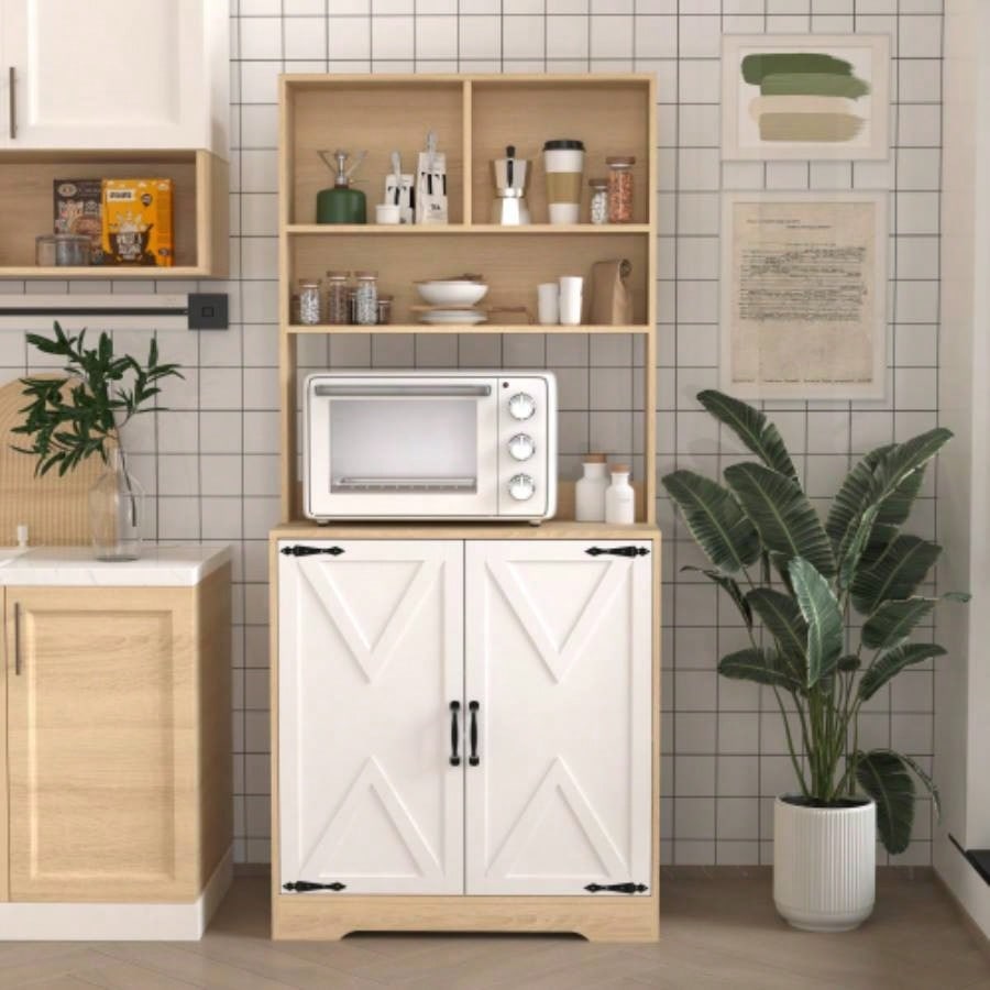 Pantry Cabinet with 2 Doors, 3 - Tier Modern Kitchen Cabinet with Shelves, Freestanding Larder Cupboard, Kitchen Pantry Storage Cabinet Kitchen, Dining Room