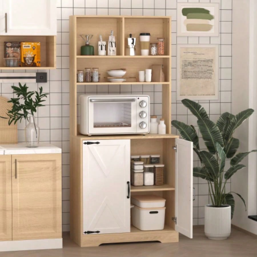 Pantry Cabinet with 2 Doors, 3 - Tier Modern Kitchen Cabinet with Shelves, Freestanding Larder Cupboard, Kitchen Pantry Storage Cabinet Kitchen, Dining Room