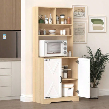 Pantry Cabinet with 2 Doors, 3 - Tier Modern Kitchen Cabinet with Shelves, Freestanding Larder Cupboard, Kitchen Pantry Storage Cabinet Kitchen, Dining Room