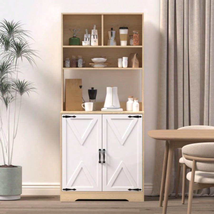 Pantry Cabinet with 2 Doors, 3 - Tier Modern Kitchen Cabinet with Shelves, Freestanding Larder Cupboard, Kitchen Pantry Storage Cabinet Kitchen, Dining Room