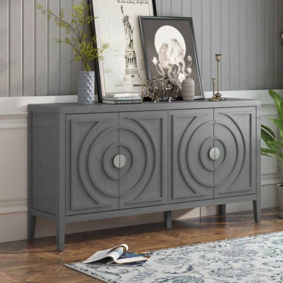 TREXM Retro Sideboard door with Circular Groove Design Round Metal Door Handle Entrance, Dinning Room, Living Room Gray