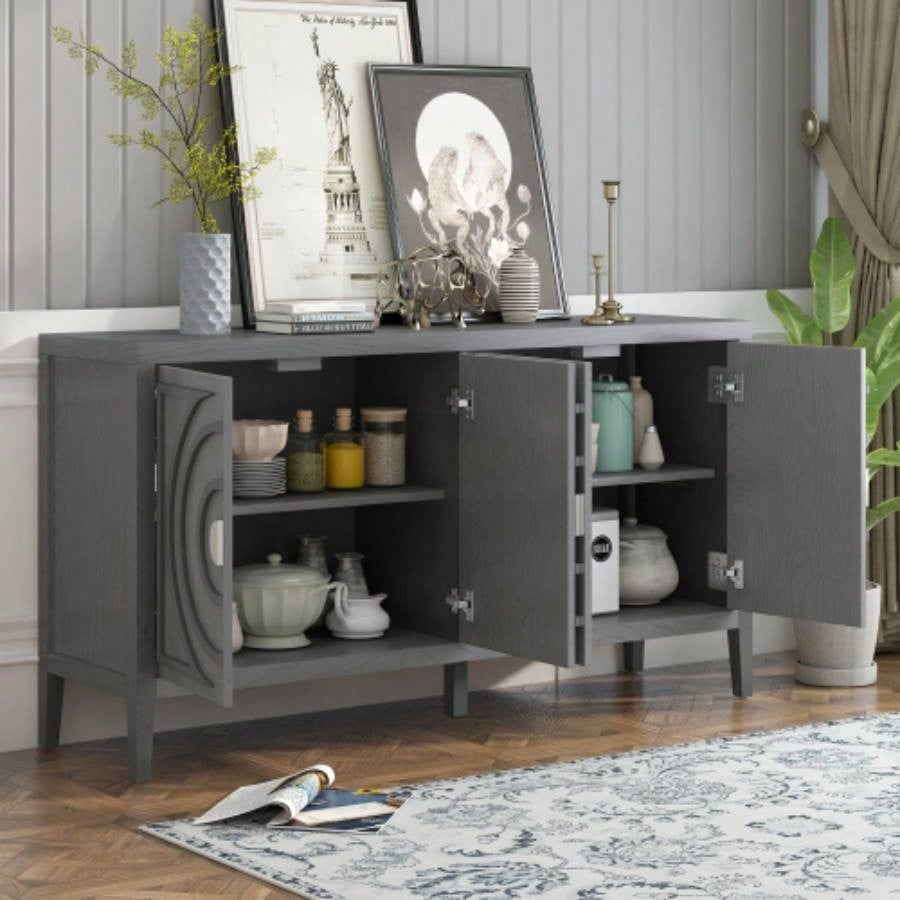 TREXM Retro Sideboard door with Circular Groove Design Round Metal Door Handle Entrance, Dinning Room, Living Room Gray