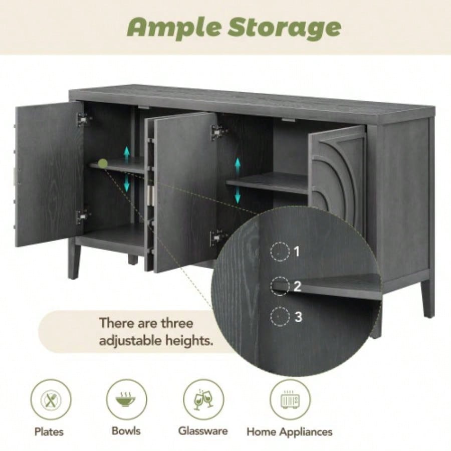 TREXM Retro Sideboard door with Circular Groove Design Round Metal Door Handle Entrance, Dinning Room, Living Room Gray