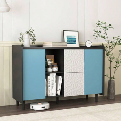 Sideboard Buffet Cabinet, Black Storage Cabinet with Blue Doors, 2 Drawers with unique panel styling and 2 Open Storage Compartment, Modern Coffee Bar Cabinet Accent Cabinet Kitchen, Dining Room,
