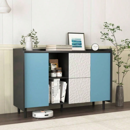 Sideboard Buffet Cabinet, Black Storage Cabinet with Blue Doors, 2 Drawers with unique panel styling and 2 Open Storage Compartment, Modern Coffee Bar Cabinet Accent Cabinet Kitchen, Dining Room,