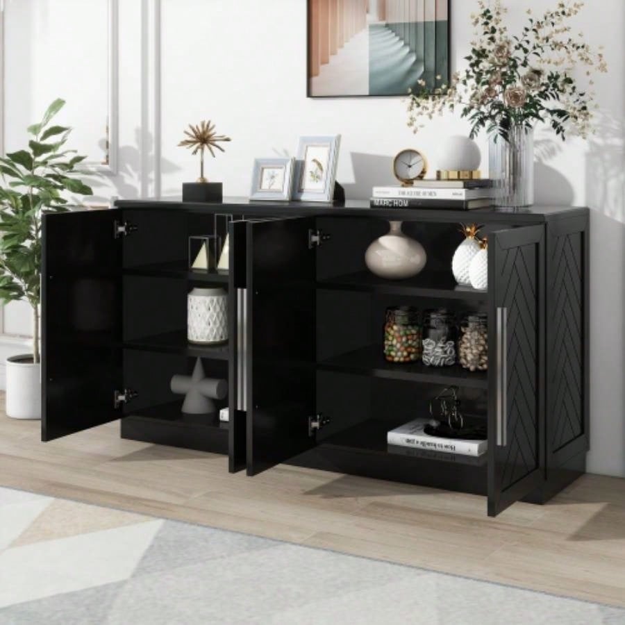 TREXM Sideboard Buffet Cabinet with Storage, Buffet Cabinet with Adjustable Shelves and Silver Handles Sideboard Cabinet Kitchen, Dining Room, Living Room, Black