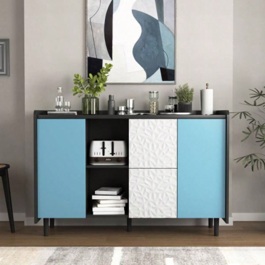 Sideboard Buffet Cabinet, Black Storage Cabinet with Blue Doors, 2 Drawers with unique panel styling and 2 Open Storage Compartment, Modern Coffee Bar Cabinet Accent Cabinet Kitchen, Dining Room,