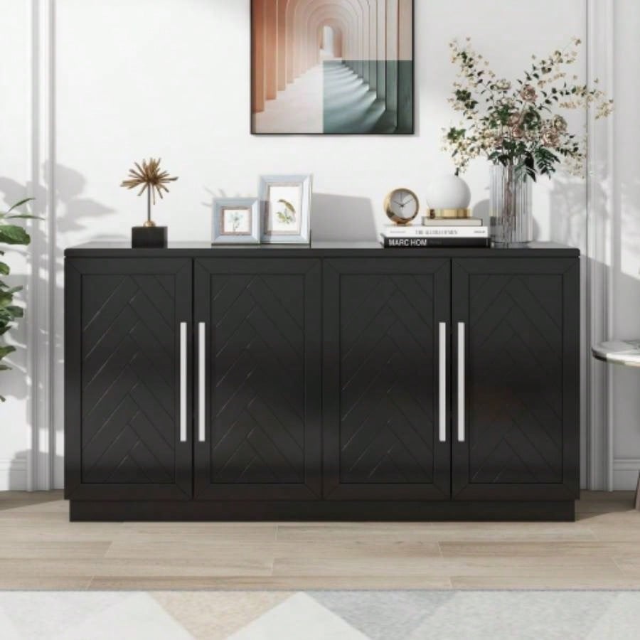 TREXM Sideboard Buffet Cabinet with Storage, Buffet Cabinet with Adjustable Shelves and Silver Handles Sideboard Cabinet Kitchen, Dining Room, Living Room, Black