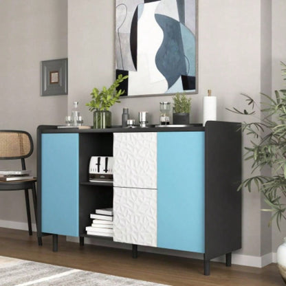 Sideboard Buffet Cabinet, Black Storage Cabinet with Blue Doors, 2 Drawers with unique panel styling and 2 Open Storage Compartment, Modern Coffee Bar Cabinet Accent Cabinet Kitchen, Dining Room,