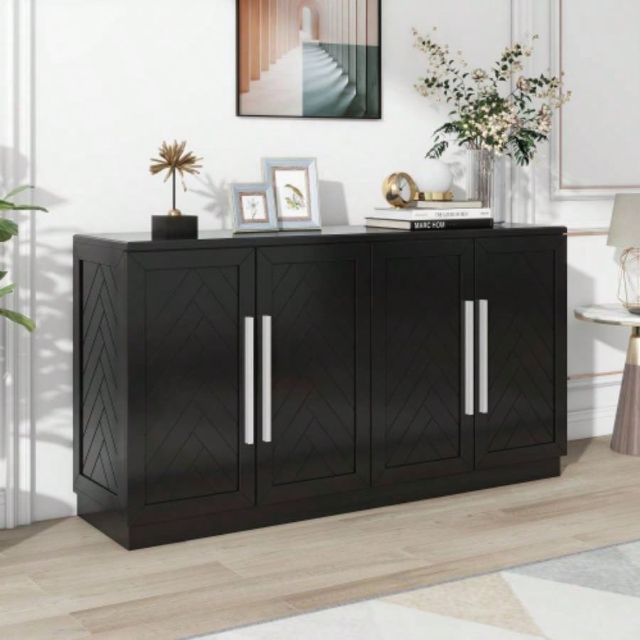 TREXM Sideboard Buffet Cabinet with Storage, Buffet Cabinet with Adjustable Shelves and Silver Handles Sideboard Cabinet Kitchen, Dining Room, Living Room, Black