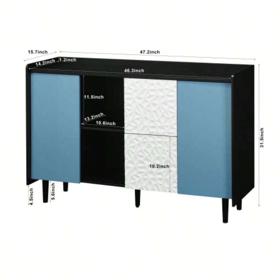 Sideboard Buffet Cabinet, Black Storage Cabinet with Blue Doors, 2 Drawers with unique panel styling and 2 Open Storage Compartment, Modern Coffee Bar Cabinet Accent Cabinet Kitchen, Dining Room,