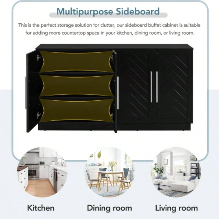 TREXM Sideboard Buffet Cabinet with Storage, Buffet Cabinet with Adjustable Shelves and Silver Handles Sideboard Cabinet Kitchen, Dining Room, Living Room, Black