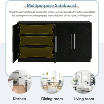 TREXM Sideboard Buffet Cabinet with Storage, Buffet Cabinet with Adjustable Shelves and Silver Handles Sideboard Cabinet Kitchen, Dining Room, Living Room, Black