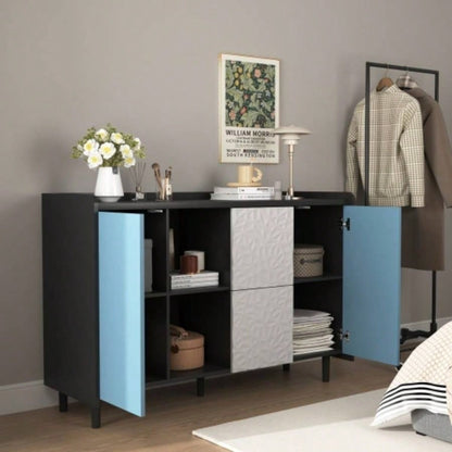 Sideboard Buffet Cabinet, Black Storage Cabinet with Blue Doors, 2 Drawers with unique panel styling and 2 Open Storage Compartment, Modern Coffee Bar Cabinet Accent Cabinet Kitchen, Dining Room,