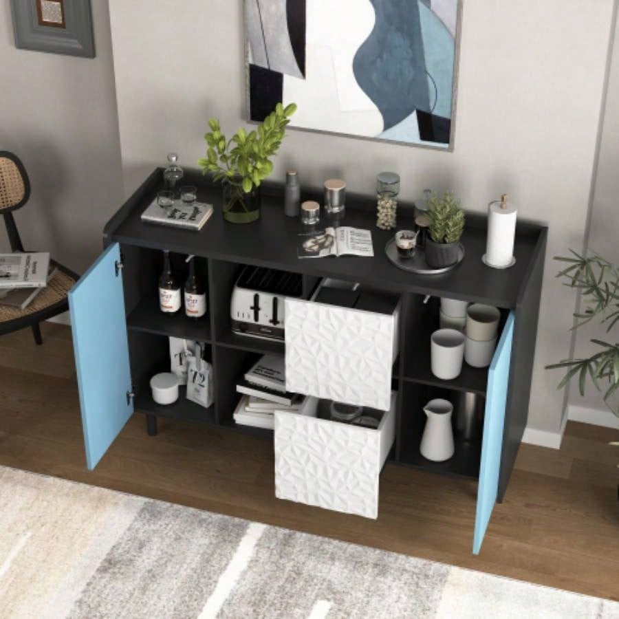 Sideboard Buffet Cabinet, Black Storage Cabinet with Blue Doors, 2 Drawers with unique panel styling and 2 Open Storage Compartment, Modern Coffee Bar Cabinet Accent Cabinet Kitchen, Dining Room,