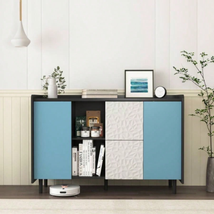 Sideboard Buffet Cabinet, Black Storage Cabinet with Blue Doors, 2 Drawers with unique panel styling and 2 Open Storage Compartment, Modern Coffee Bar Cabinet Accent Cabinet Kitchen, Dining Room,